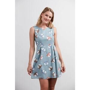 Colorful Fox Print Dress Light Blue Size Small